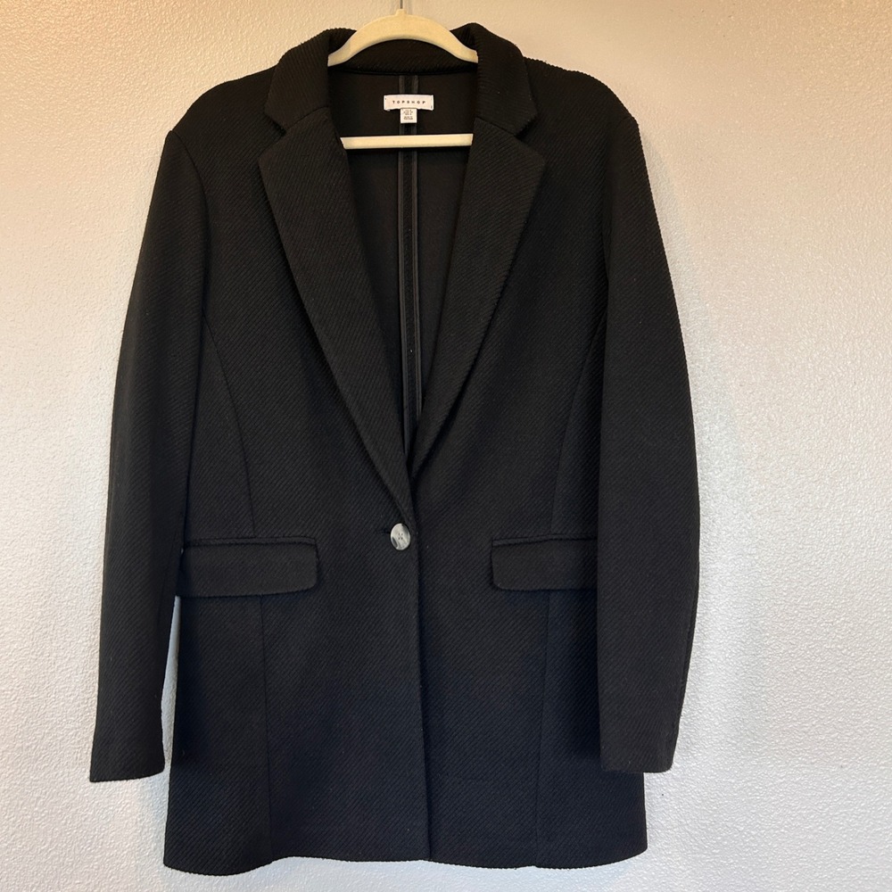 Topshop‎ Black Textured Longline Blazer Single Button Jacket US 4